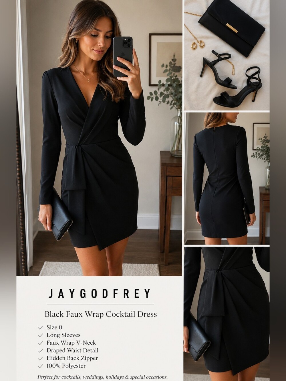 Jay Godfrey Black Faux Wrap Long Sleeve Cocktail Dress Size 0